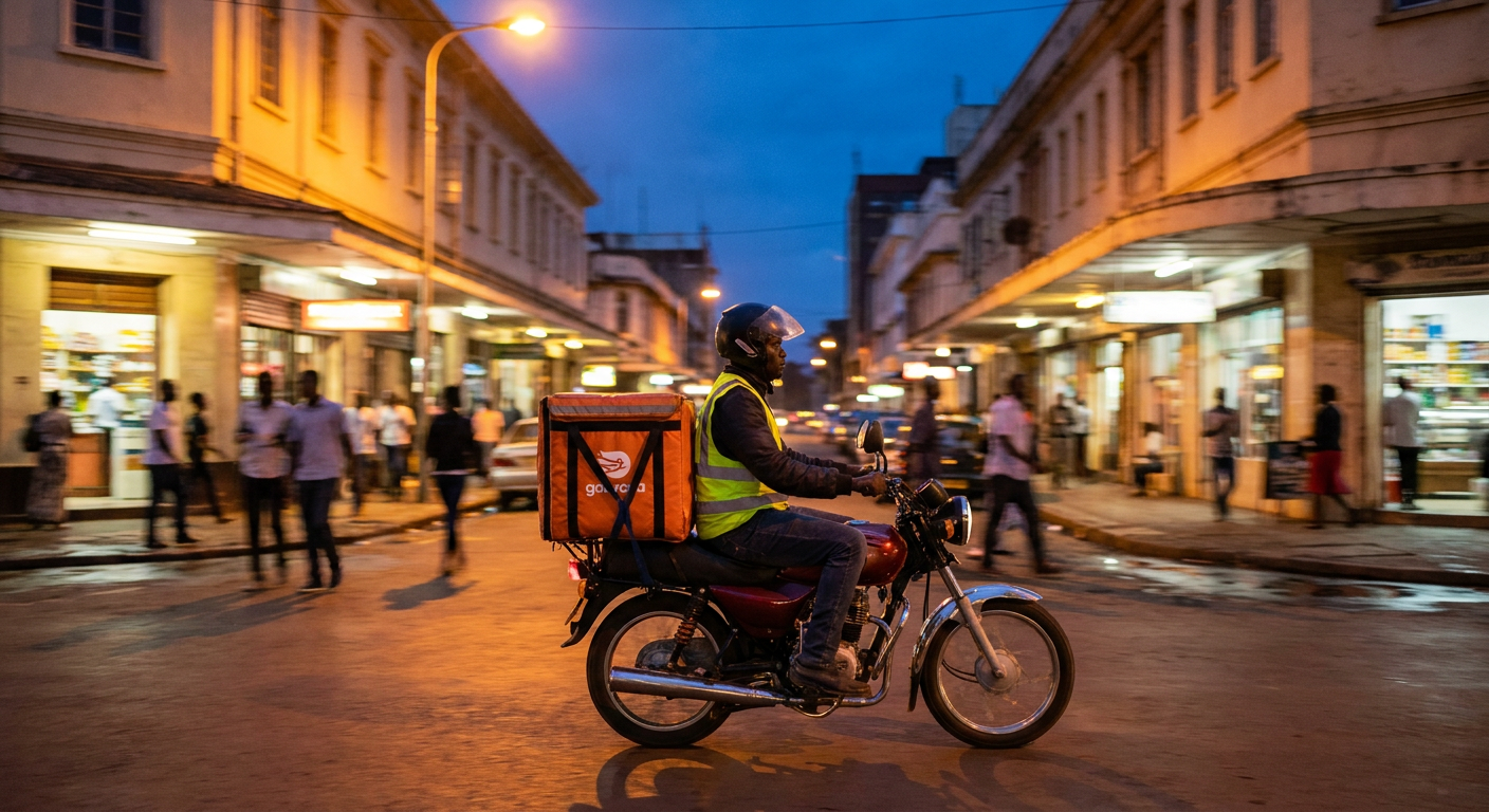 A delivery rider at twilight